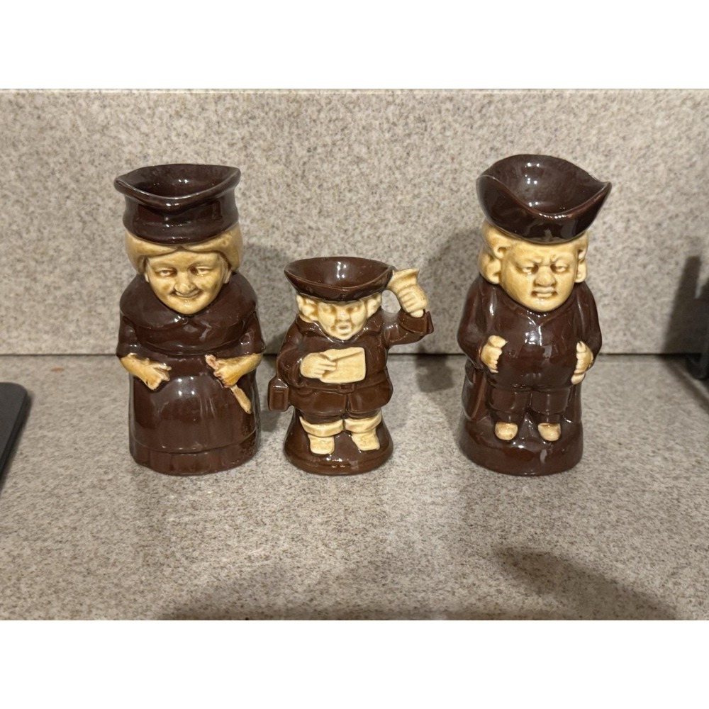 Vintage Set of 3 Ceramic Toby Jugs Miniature Character Pitchers Brown Cream